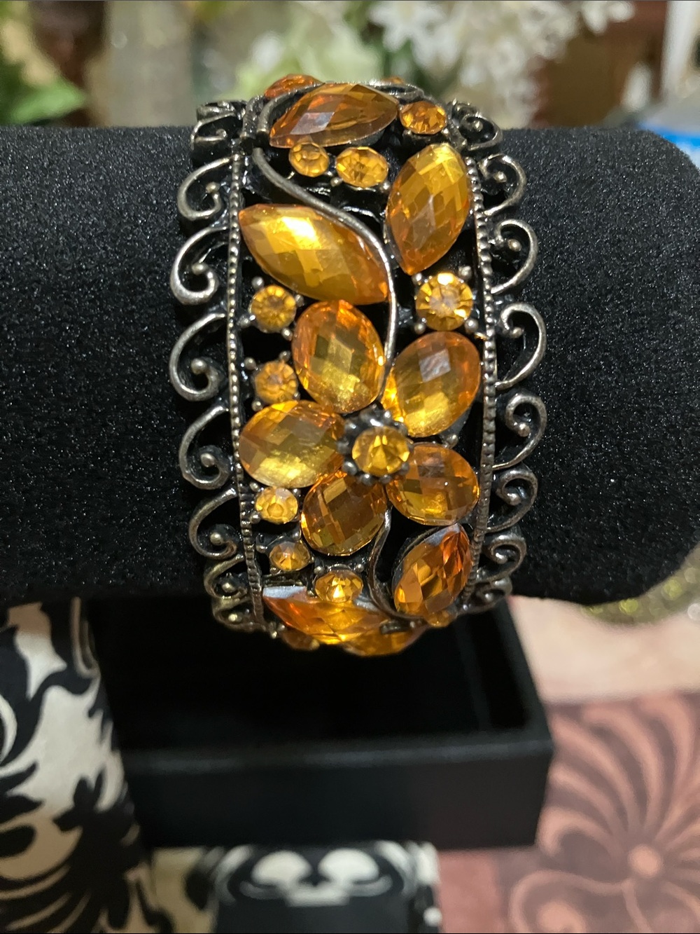 Amber Crystal Floral Cuff Bracelet - Women Jewelry